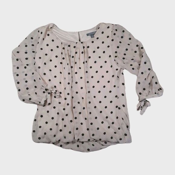Roz & Ali Tops - Roz & Ali Polka Dot Blouse Cream Black Tie Sleeve Bow Cuff Round Neck Top SZ M